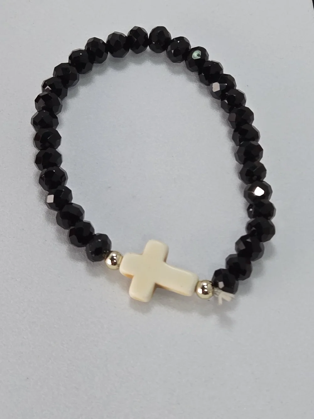 Black Beaded Cross Bracelet Stretch Faith Christian Stackable Minimalist NWT